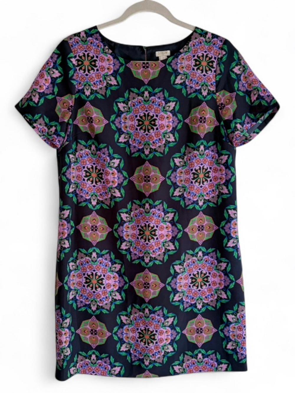 J. Crew Short Sleeve Navy Blue Floral Medallion Sheath Dress Size 8